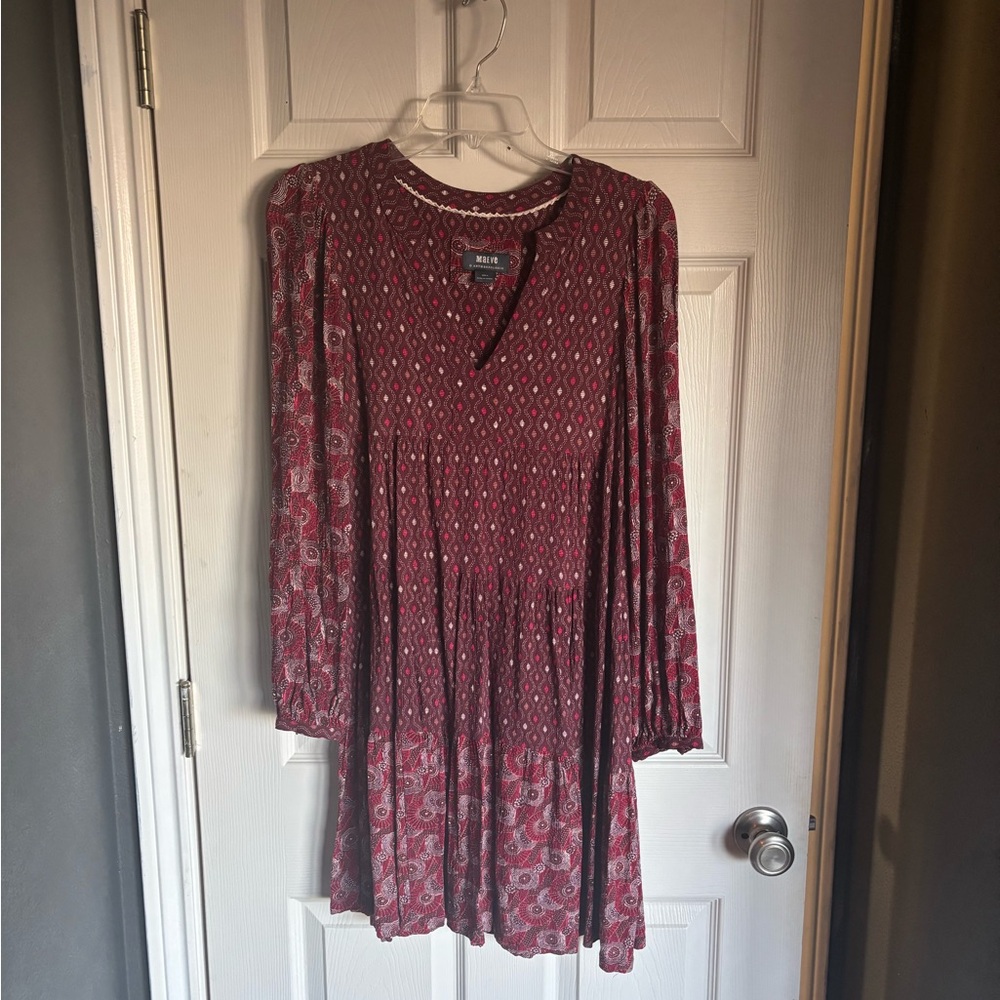 Anthropologie Burgundy Patterned Long Sleeve Dress